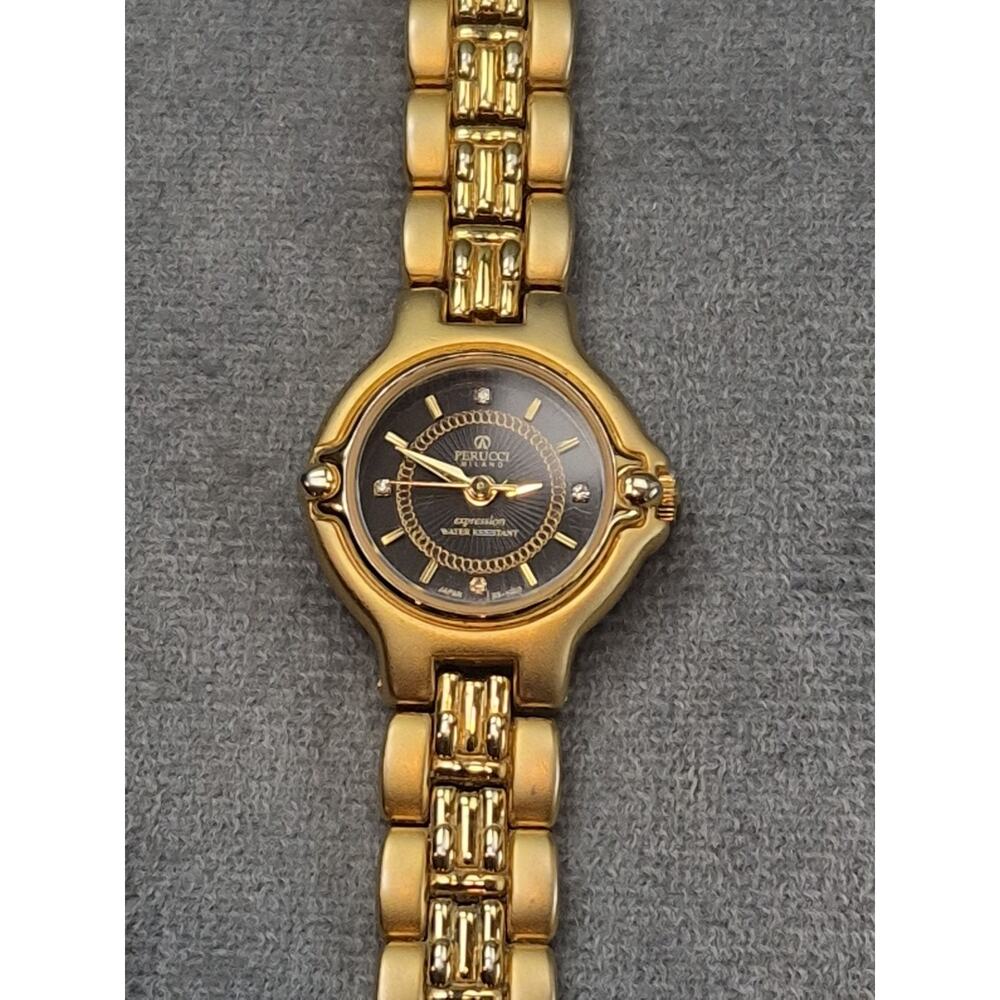 Perucci Statement Tank Track Articulated Gold Tone Band Analog Quartz Vintage
